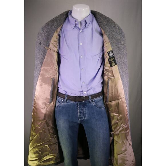 Aquascutum 1980's Blue-Gray Herringbone Tweed Heavy Full Length Overcoat 42R - Picture 7 of 9